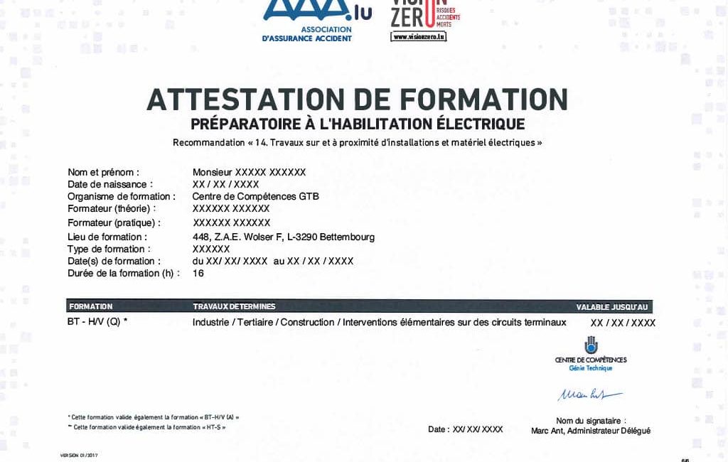 Modèle d'attestation délivrée par les Centres de Compétences GTB/PAR